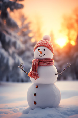 Snowman with scarf and hat in winter forest. Christmas background.の素材