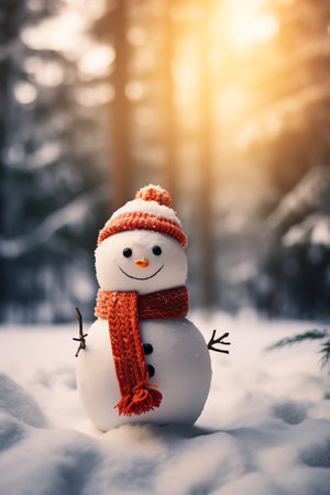Snowman with scarf and hat in winter forest. Christmas background.の素材