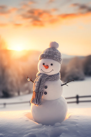 Snowman with scarf and hat in winter forest. Christmas background.の素材