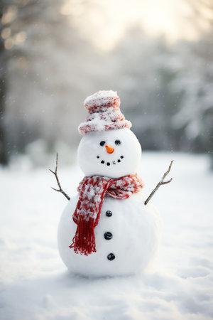 Snowman with scarf and hat in winter forest. Christmas background.の素材