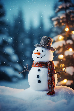 Snowman with scarf and hat in winter forest. Christmas background.の素材