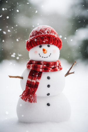 Snowman with scarf and hat in winter forest. Christmas background.の素材