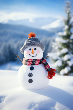 Snowman with scarf and hat in winter forest. Christmas background.の素材
