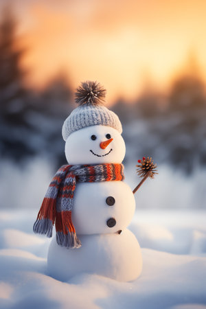 Snowman with scarf and hat in winter forest. Christmas background.の素材
