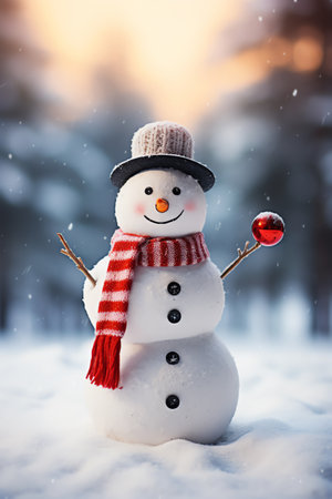 Snowman with scarf and hat in winter forest. Christmas background.の素材