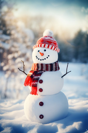 Snowman with scarf and hat in winter forest. Christmas background.の素材