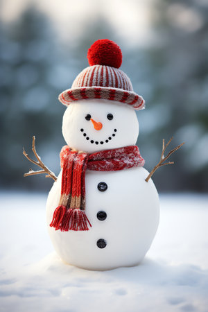 Snowman with scarf and hat in winter forest. Christmas background.の素材