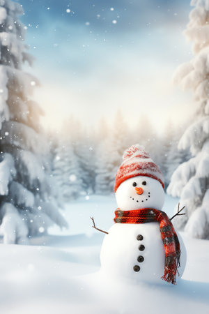 Snowman with scarf and hat in winter forest. Christmas background.の素材