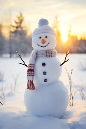 Snowman with scarf and hat in winter forest. Christmas background.の素材