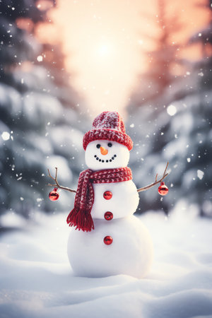 Snowman with scarf and hat in winter forest. Christmas background.の素材