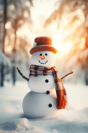 Snowman with scarf and hat in winter forest. Christmas background.の素材