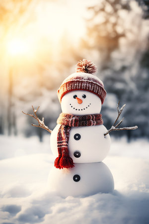 Snowman with scarf and hat in winter forest. Christmas background.の素材