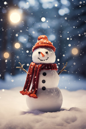 Snowman with scarf and hat in winter forest. Christmas background.の素材