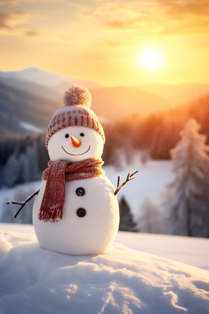 Snowman with scarf and hat in winter forest. Christmas background.の素材