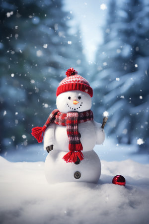 Snowman with scarf and hat in winter forest. Christmas background.の素材
