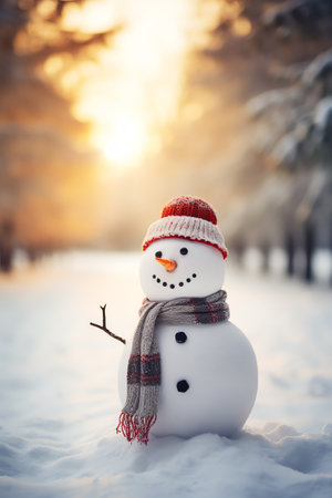 Snowman with scarf and hat in winter forest. Christmas background.の素材