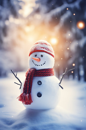 Snowman with scarf and hat in winter forest. Christmas background.の素材