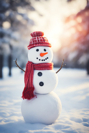 Snowman with scarf and hat in winter forest. Christmas background.の素材