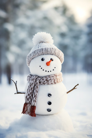 Snowman with scarf and hat in winter forest. Christmas background.の素材