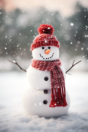 Snowman with scarf and hat in winter forest. Christmas background.の素材