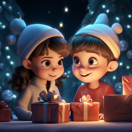 Cute happy children in winter clothes celebrating christmasの素材