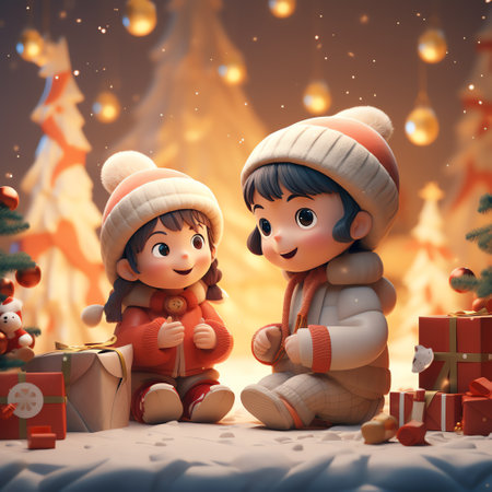 Cute happy children in winter clothes celebrating christmasの素材