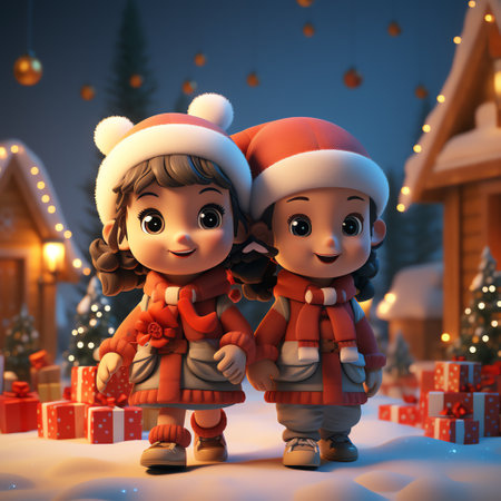 Cute happy children in winter clothes celebrating christmasの素材