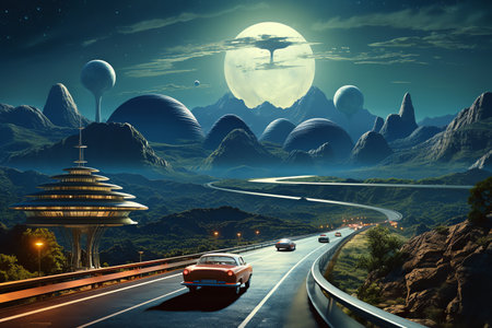 retro futurism city with mountain and outer space planetの素材