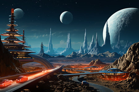 retro futurism city with mountain and outer space planetの素材