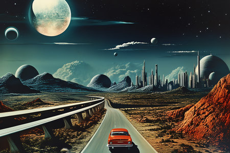 retro futurism city with mountain and outer space planetの素材