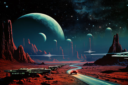 retro futurism city with mountain and outer space planetの素材
