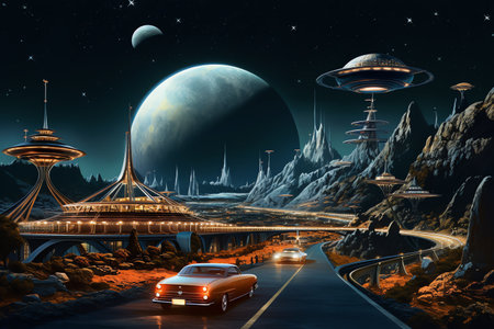 retro futurism city with mountain and outer space planetの素材