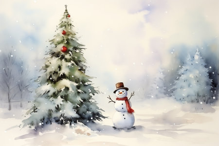 snowman and christmas tree in snowy winter vintage watercolor illustration background wallpaperの素材