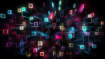 abstract geometric background with neon lights and cubesの素材