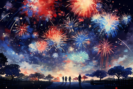 Silhouettes of people celebrating new year with fireworks backgroundの素材