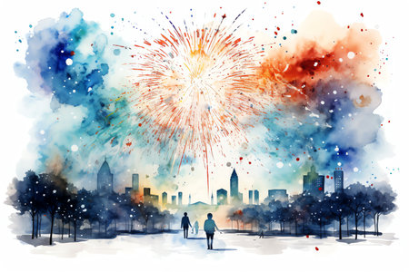Silhouettes of people celebrating new year with fireworks backgroundの素材