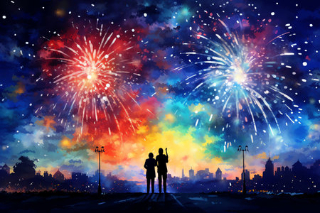 Silhouettes of people celebrating new year with fireworks backgroundの素材