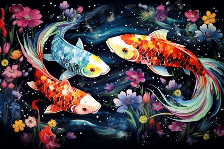 Koi fish in the pond with beautiful flowers. Digital paintingの素材