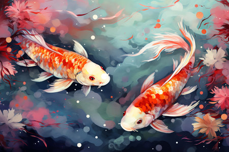 Koi fish in the pond with beautiful flowers. Digital paintingの素材