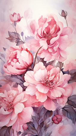 Peony flowers watercolor background. Vertical image for mobileの素材
