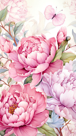 Peony flowers watercolor background. Vertical image for mobileの素材