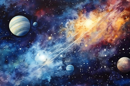 Planets and galaxy watercolor style, science fiction background wallpaperの素材