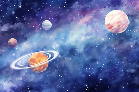 Planets and galaxy watercolor style, science fiction background wallpaperの素材