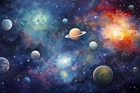 Planets and galaxy watercolor style, science fiction background wallpaperの素材