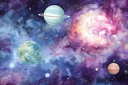 Planets and galaxy watercolor style, science fiction background wallpaperの素材