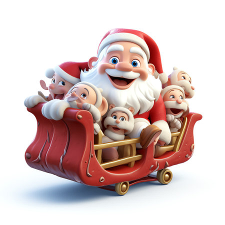 Cute happy santa claus with gift boxes on the sleigh, isolated on white backgroundの素材