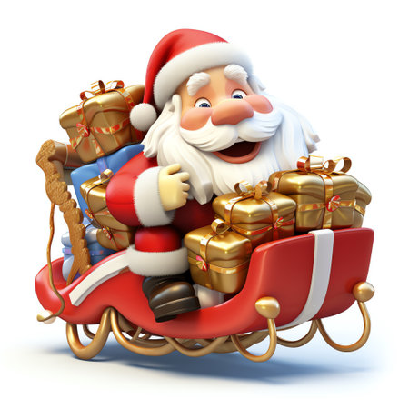 Cute happy santa claus with gift boxes on the sleigh, isolated on white backgroundの素材