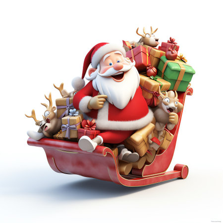 Cute happy santa claus with gift boxes on the sleigh, isolated on white backgroundの素材