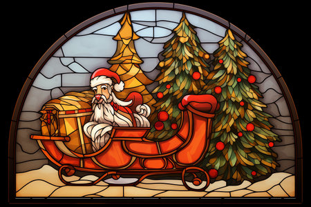 Illustration in stained glass style with Santa Claus on a sleigh pulled by a Christmas treeの素材