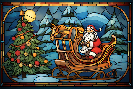 Illustration in stained glass style with Santa Claus on a sleigh pulled by a Christmas treeの素材